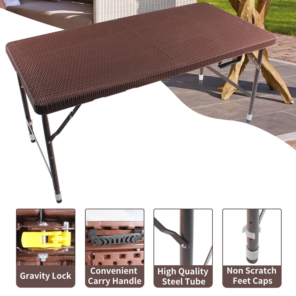 Yeah Depot - 4ft Rattan Folding Table for Indoor&Outdoor, Portable Foldable Table Rattan Plaited Brown