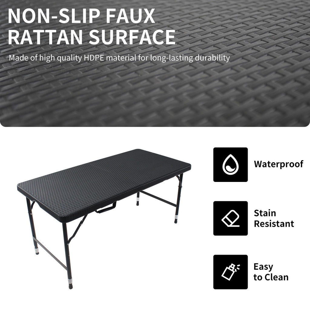 Yeah Depot - 4ft Rattan Folding Table for Indoor&Outdoor, Portable Foldable Table Rattan Plaited Black
