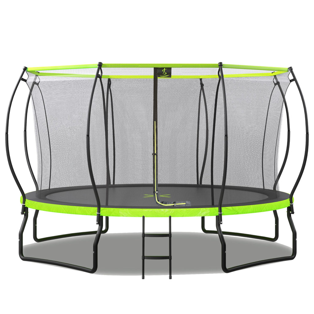 Yeah Depot - New Design 14FT Trampoline for Kids with Upgraded Arc Composite Pole and Safety Enclosure Net, Ladder and 8 Wind Stakes, Round Outdoor Recreational Playset Balanced Physical Training Trampoline