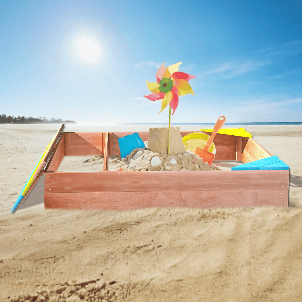 Yeah Depot - Children's Wooden Sandbox, Sandpit ,Kids Wood Playset Outdoor Backyard ,47.25''L x47.25''W x 7.87''H,Golden Red
