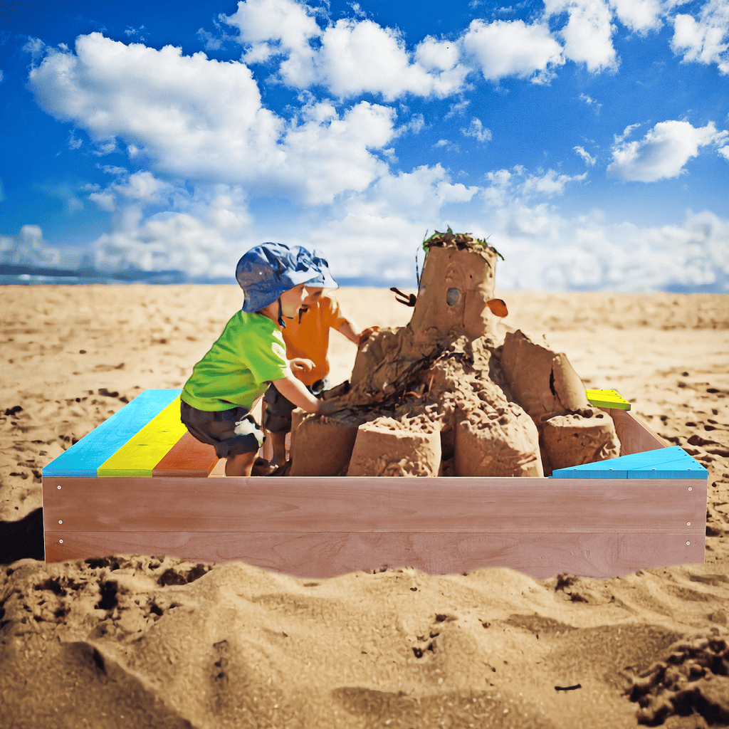 Yeah Depot - Children's Wooden Sandbox, Sandpit ,Kids Wood Playset Outdoor Backyard ,47.25''L x47.25''W x 7.87''H,Golden Red