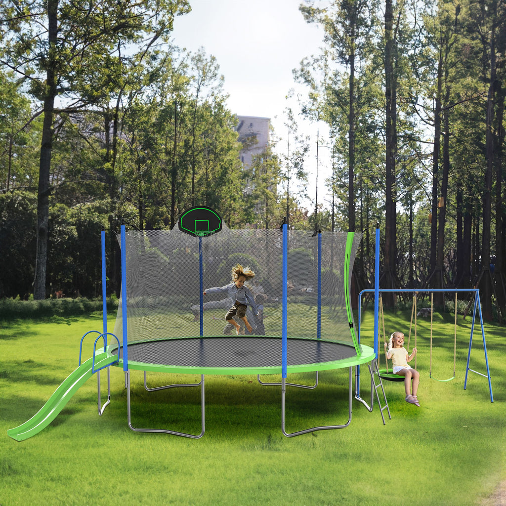 Yeah Depot - 14FT Trampoline with Slide and Swings, ASTM Approved Large Recreational Trampoline with Basketball Hoop and Ladder,Outdoor Backyard Trampoline with Net, Capacity for Kids and Adults