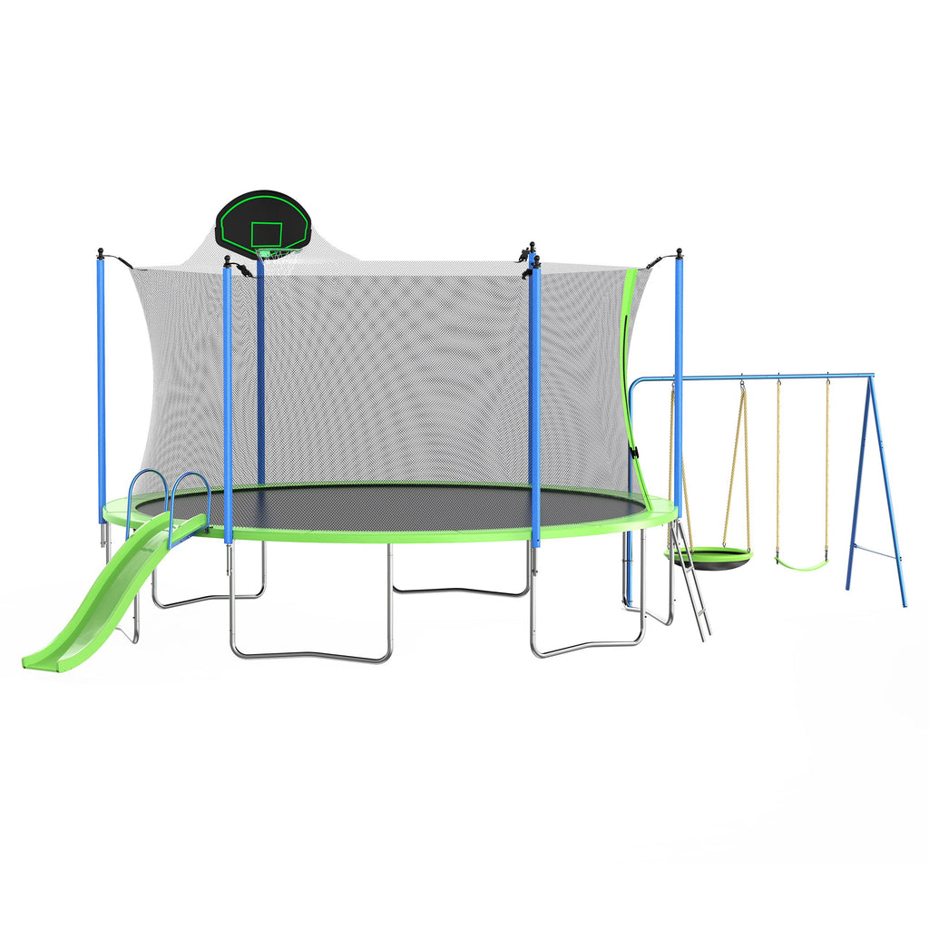 Yeah Depot - 14FT Trampoline with Slide and Swings, ASTM Approved Large Recreational Trampoline with Basketball Hoop and Ladder,Outdoor Backyard Trampoline with Net, Capacity for Kids and Adults