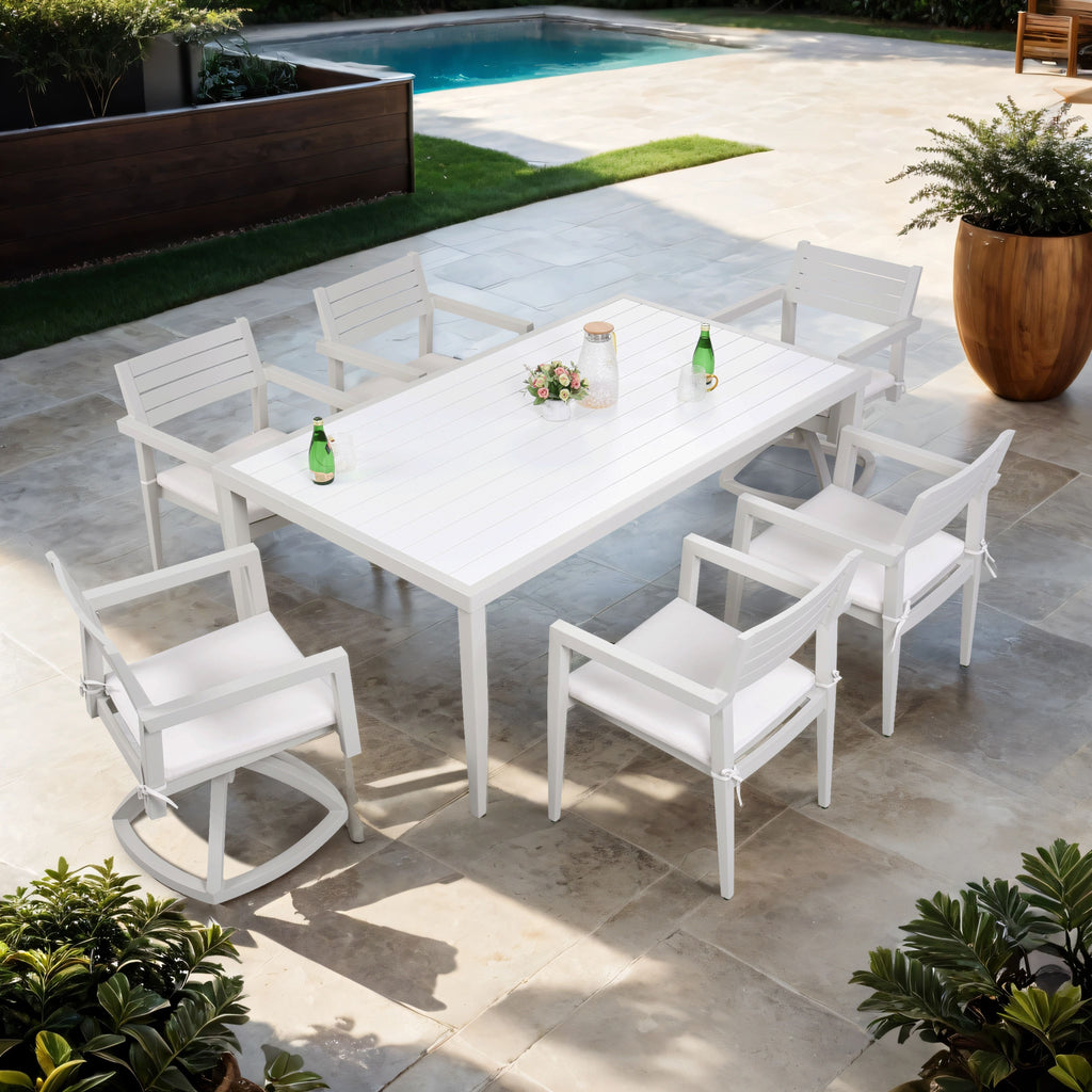 Yeah Depot - Outdoor Patio Aluminum 40''x70'' Two-tone Table Top Rectangle Dining Table with Tapered Feet & Umbrella Hole, Matte White+ Grayish