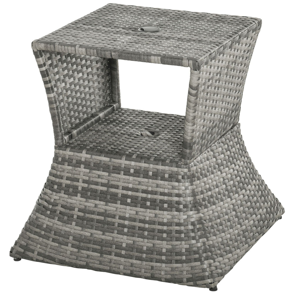 Yeah Depot - Outsunny Rattan Wicker Side Table with Umbrella Hole, 2 Tier Storage Shelf for All Weather for Outdoor, Patio, Garden, Backyard, Mixed Grey
