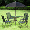 Yeah Depot - Outsunny 6 Piece Patio Dining Set for 4 with Umbrella, Outdoor Table and Chairs with 4 Folding Dining Chairs & Round Glass Table for Garden, Backyard and Poolside, Black