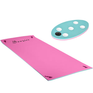 Yeah Depot - Soozier 12' x 5' Lily Pad Floating Mat with Cup Holder Table, 3-Layer Portable Roll-Up Water Mat Float Dock for 2-3 People, on Lake, River, Beach, Swimming Pool, Pink