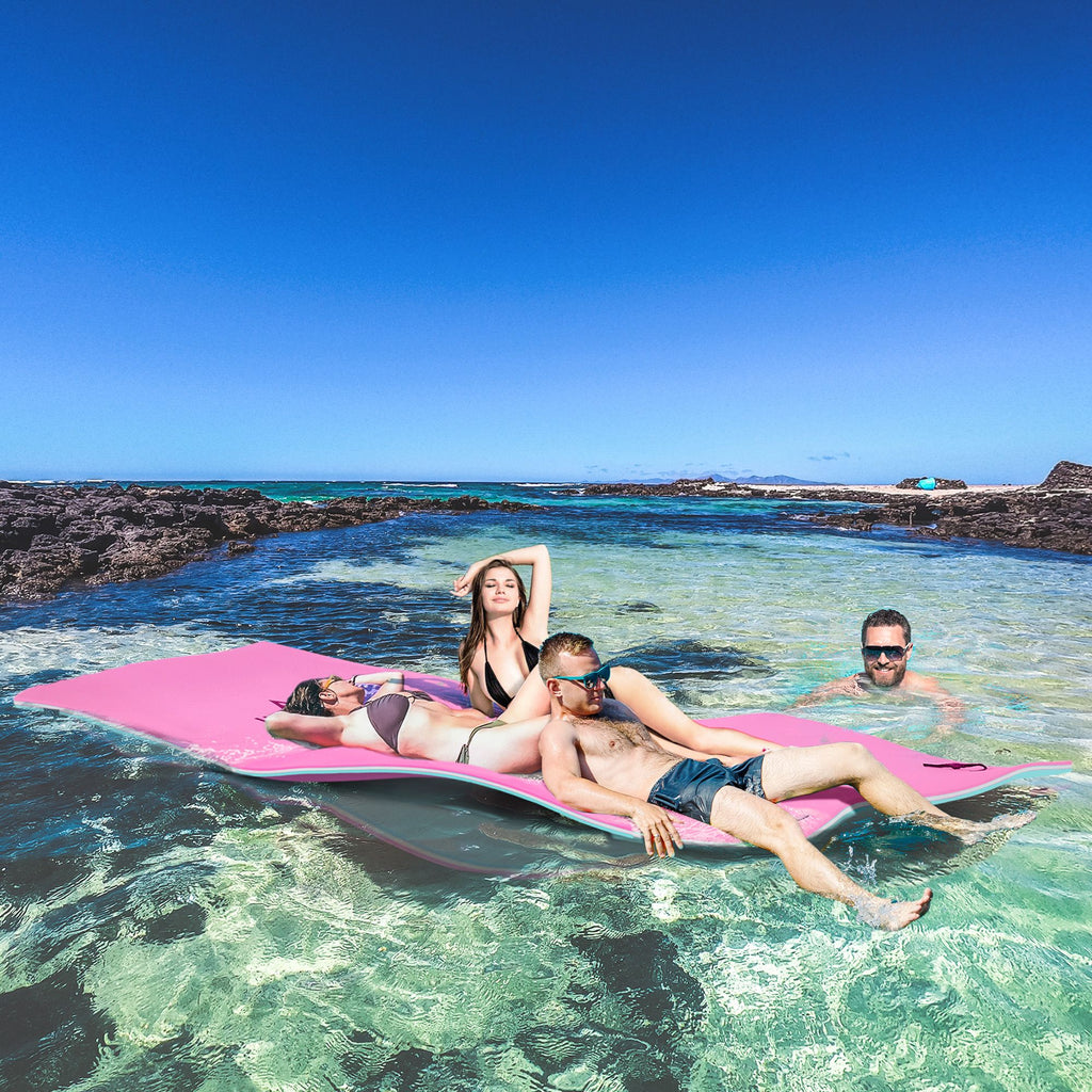 Yeah Depot - Soozier 12' x 5' Lily Pad Floating Mat with Cup Holder Table, 3-Layer Portable Roll-Up Water Mat Float Dock for 2-3 People, on Lake, River, Beach, Swimming Pool, Pink
