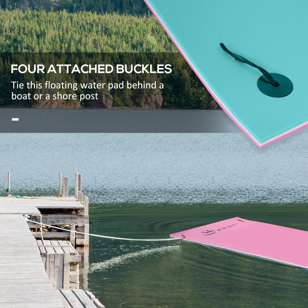 Yeah Depot - Soozier 12' x 5' Lily Pad Floating Mat with Cup Holder Table, 3-Layer Portable Roll-Up Water Mat Float Dock for 2-3 People, on Lake, River, Beach, Swimming Pool, Pink