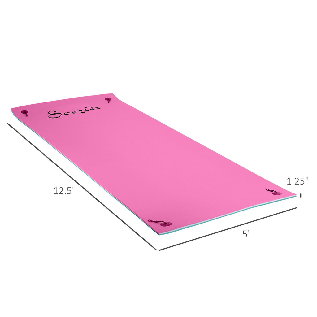 Yeah Depot - Soozier 12' x 5' Lily Pad Floating Mat with Cup Holder Table, 3-Layer Portable Roll-Up Water Mat Float Dock for 2-3 People, on Lake, River, Beach, Swimming Pool, Pink