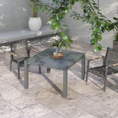 Yeah Depot - Outsunny Extendable Outdoor Dining Table, 41''- 83'' Aluminum Frame Patio Table with Wood Effect Steel Top, Rectangle Expandable Patio Table for 6-8, Dark Gray