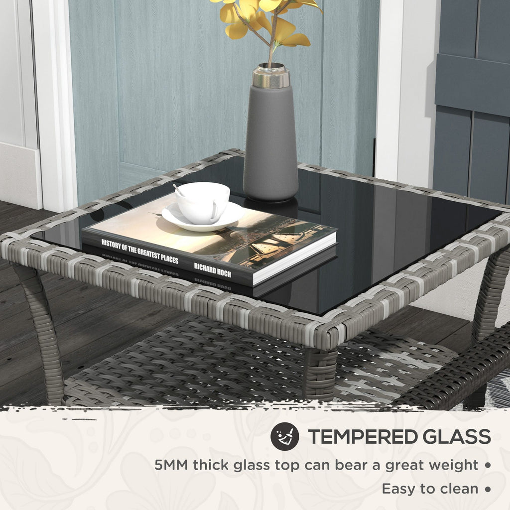 Yeah Depot - Outsunny Rattan Side Table, Outdoor End Table with Storage Shelf, Aluminum Frame Square, Coffee Table with Tempered Glass Top, Mixed Gray
