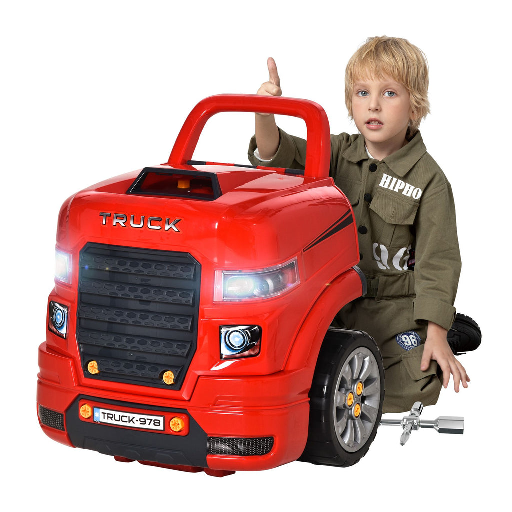 Yeah Depot - Qaba Kids Truck Engine Toy, Kids Mechanic Car Repair Set, Engine Disassembly Play Workshop, Includes 61 Pieces, Steering Wheel, Horn, Light for 3-5 Years Old, Red