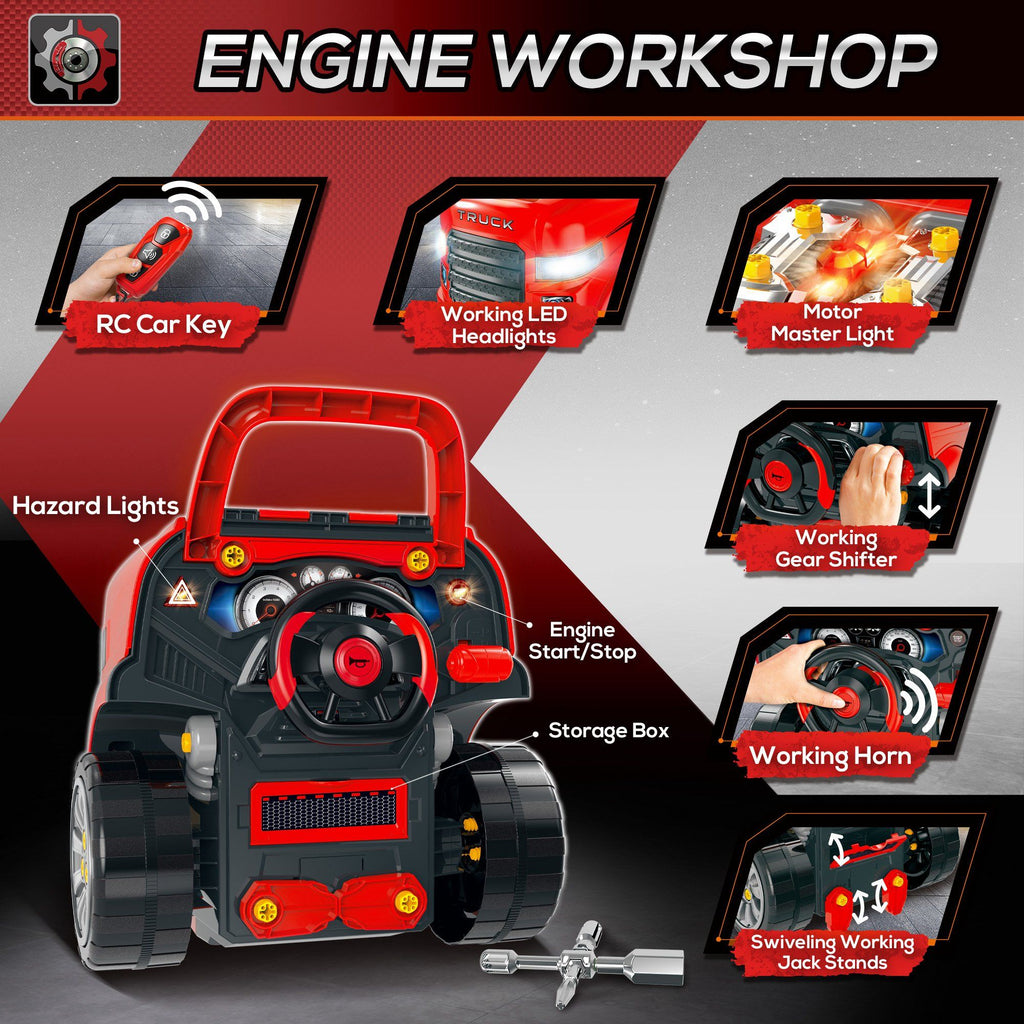 Yeah Depot - Qaba Kids Truck Engine Toy, Kids Mechanic Car Repair Set, Engine Disassembly Play Workshop, Includes 61 Pieces, Steering Wheel, Horn, Light for 3-5 Years Old, Red