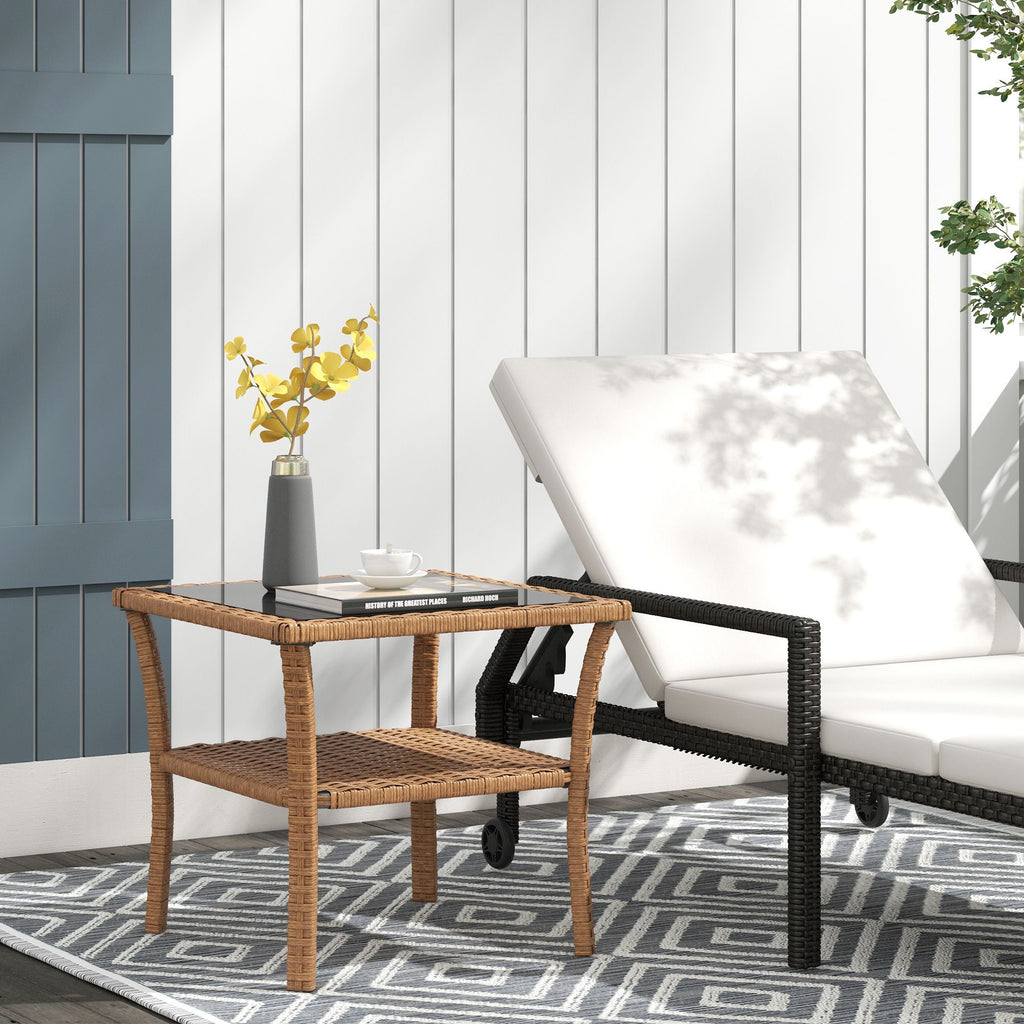 Yeah Depot - Outsunny Rattan Side Table, Outdoor End Table with Storage Shelf, Aluminum Frame Square, Coffee Table with Tempered Glass Top, Sand