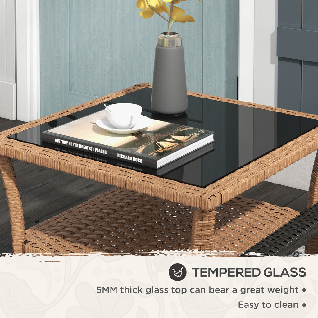 Yeah Depot - Outsunny Rattan Side Table, Outdoor End Table with Storage Shelf, Aluminum Frame Square, Coffee Table with Tempered Glass Top, Sand