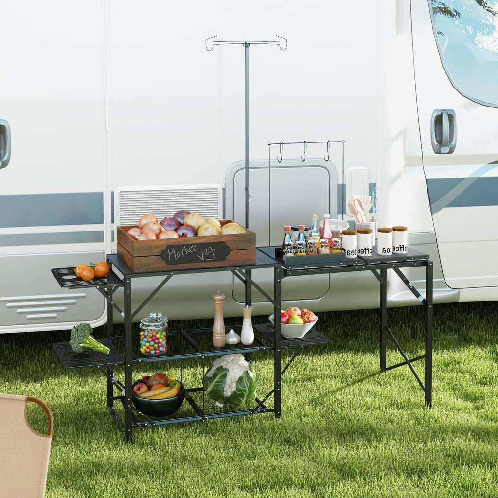 Yeah Depot - Outsunny Folding Camp Kitchen Table, Portable Camping Cooking Station with Adjustable Lantern Holder, Hanging Hooks and Carrying Bag for Outdoor Picnic Beach BBQ Traveling