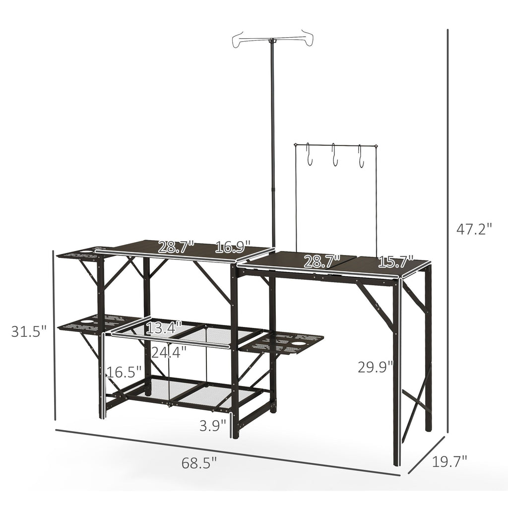 Yeah Depot - Outsunny Folding Camp Kitchen Table, Portable Camping Cooking Station with Adjustable Lantern Holder, Hanging Hooks and Carrying Bag for Outdoor Picnic Beach BBQ Traveling