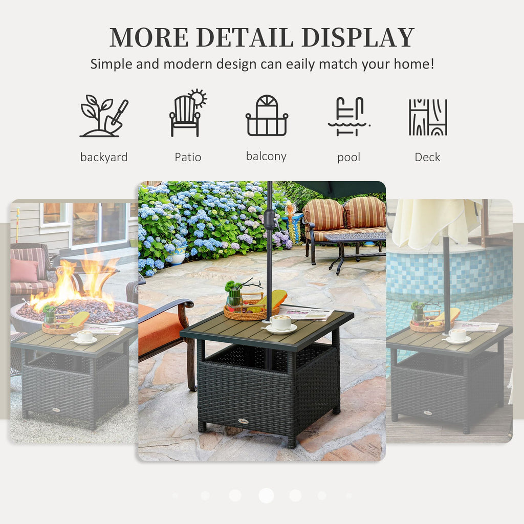 Yeah Depot - Outsunny 22'' Rattan Wicker Side Table with Steel Frame, Umbrella Insert Hole, Sand Bag for Outdoor, Patio, Garden, Backyard, Black & Tan