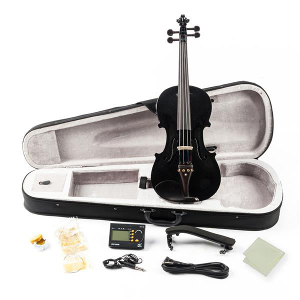 inQ Boutique - [Do Not Sell on Amazon]Glarry GV102 4/4 Solid Wood EQ Violin Case Bow Violin Strings Shoulder Rest Electronic Tuner Connecting Wire Cloth Black
