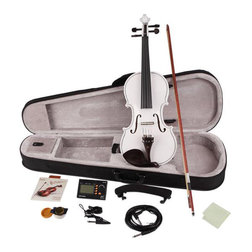 inQ Boutique - [Do Not Sell on Amazon]Glarry GV102 4/4 Solid Wood EQ Violin Case Bow Violin Strings Shoulder Rest Electronic Tuner Connecting Wire Cloth White