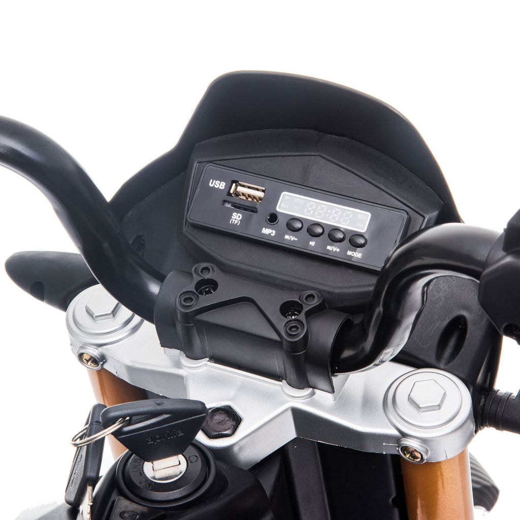 FX070 - 12V Aprilia Licensed Kids Ride On Motorcycle, 4-wheel Electric Dirt Bike with Spring Suspension, LED Lights, USB, MP3, Red