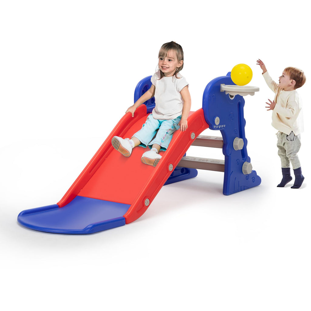FX070 - 3 in 1 Freestanding Toddler Slide;  Indoor Outdoor Playground with Basketball Hoop and Ball for Kids Under 3 Years