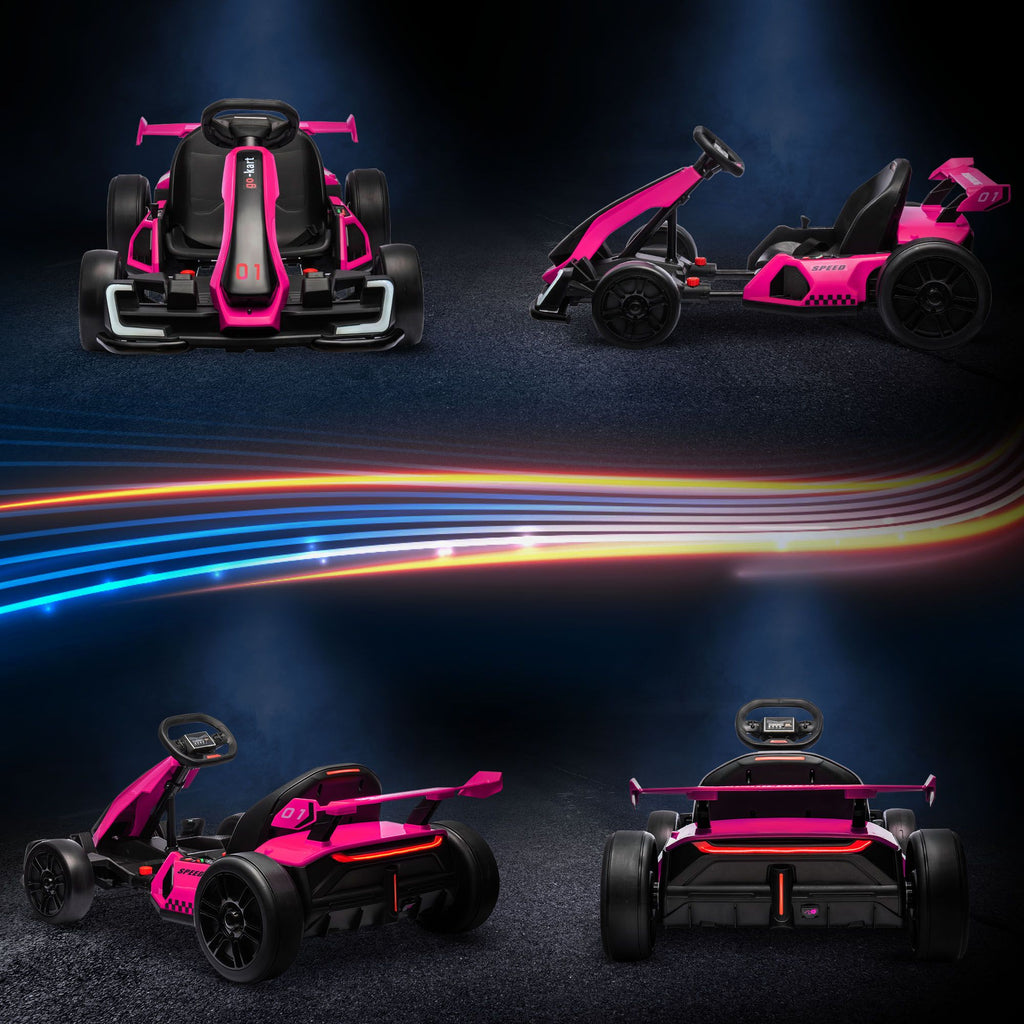 Yeah Depot - Aosom 24V 7.5 MPH Electric Go Kart with Adjustable Seat, Drifting Car Battery Powered Ride on Toy Outdoor with Slow Start, Button Start, Music, Honking Horn, Lights, for 6-12 Years Old, Pink