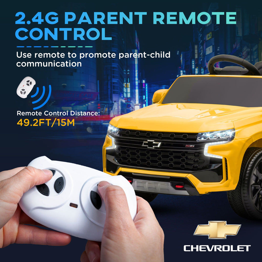 Yeah Depot - Aosom Chevrolet TAHOE Licensed Kids Ride on Car, 12V Battery Powered Kids Electric Car with Remote Control, 4-wheeler Suspension, Music, Lights, Horn, for Ages 3-6 Years Old, Yellow