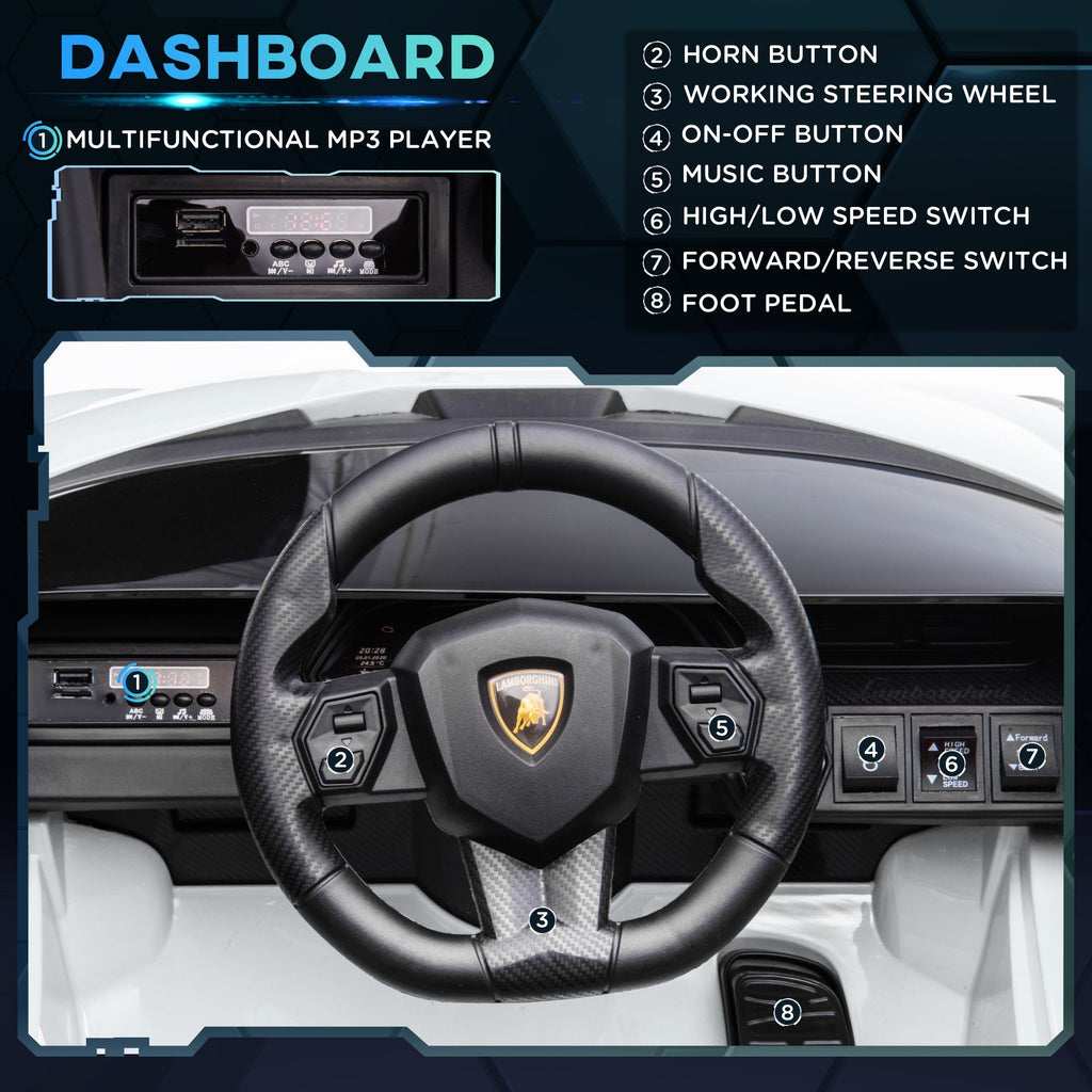 Yeah Depot - Aosom Lamborghini SIAN Licensed Kids Ride On Car, 12V Battery Powered Electric Sports Car Toy with Remote Control, Horn, Music, & Headlights, White