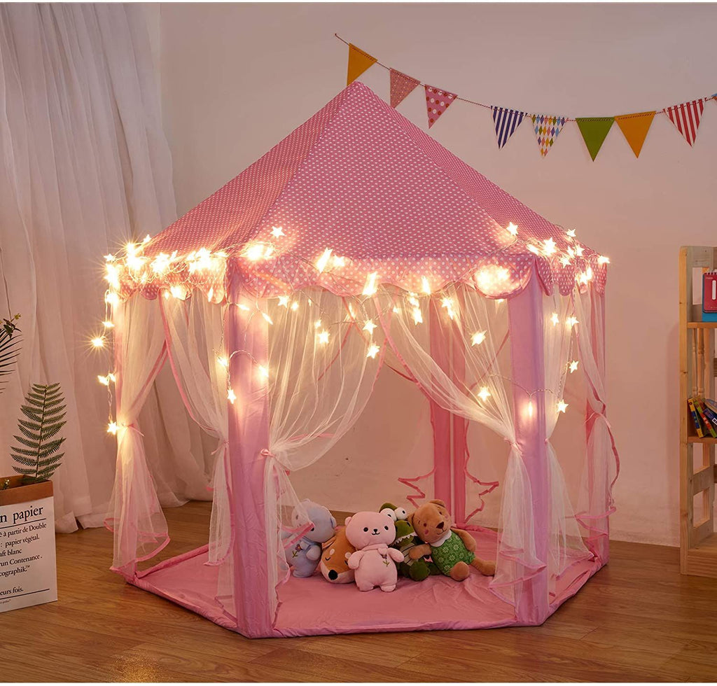Rcosy - Outdoor Indoor Portable Folding Princess Castle Tent Kids Children Funny Play Fairy House Kids Play Tent(Warm LED Star Lights)