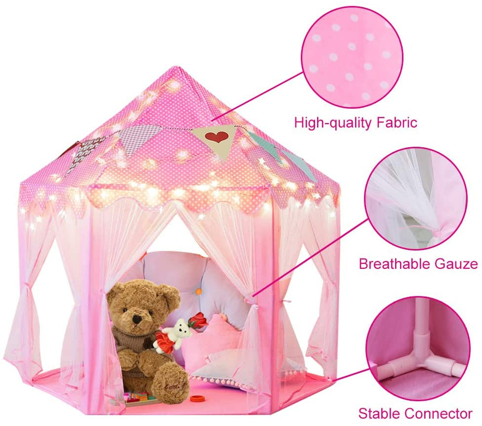 Rcosy - Outdoor Indoor Portable Folding Princess Castle Tent Kids Children Funny Play Fairy House Kids Play Tent(Warm LED Star Lights)