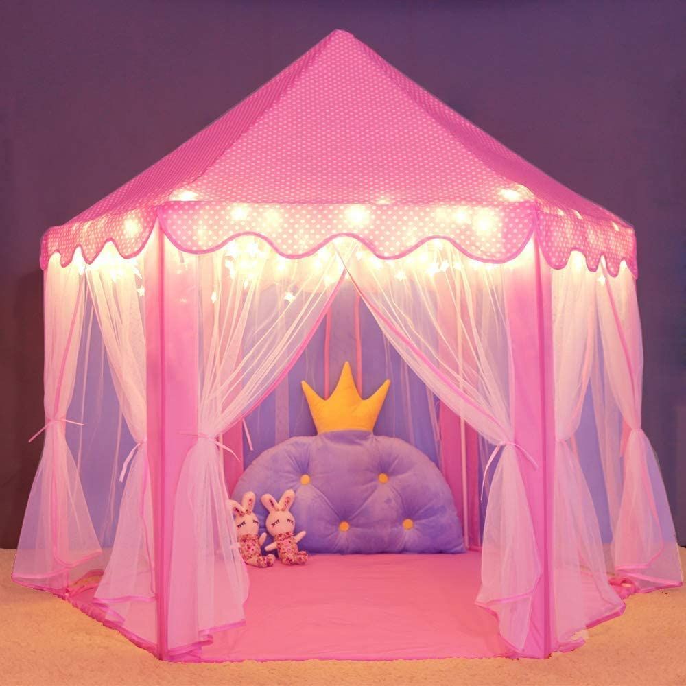 Rcosy - Outdoor Indoor Portable Folding Princess Castle Tent Kids Children Funny Play Fairy House Kids Play Tent(Warm LED Star Lights)