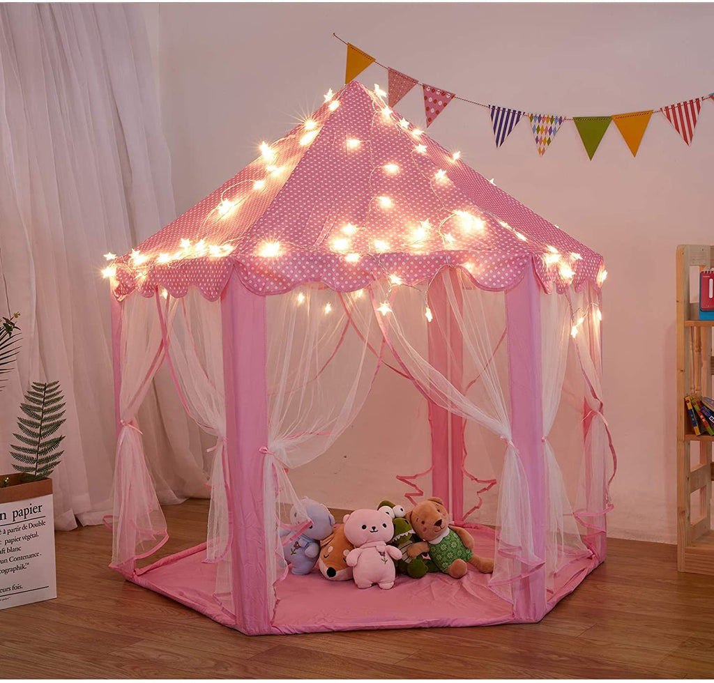 Rcosy - Outdoor Indoor Portable Folding Princess Castle Tent Kids Children Funny Play Fairy House Kids Play Tent(Warm LED Star Lights)