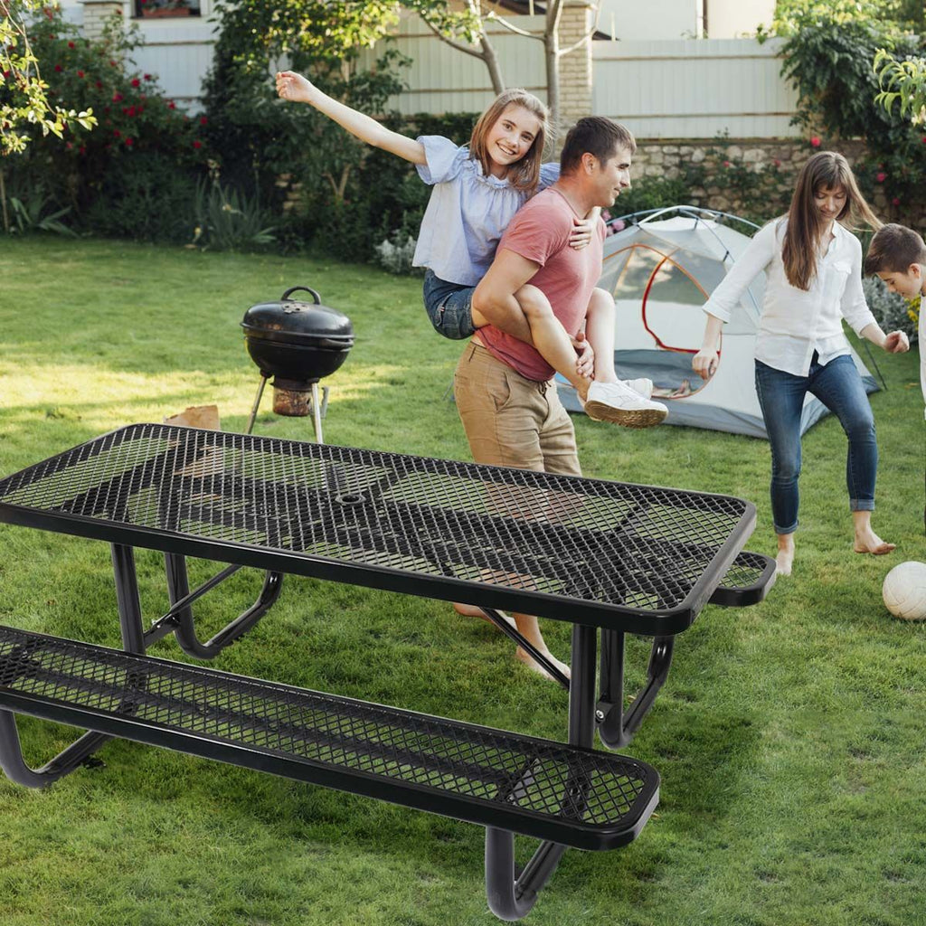Yeah Depot - 6 ft. Rectangular Outdoor Steel Picnic Table with umbrella pole in Black