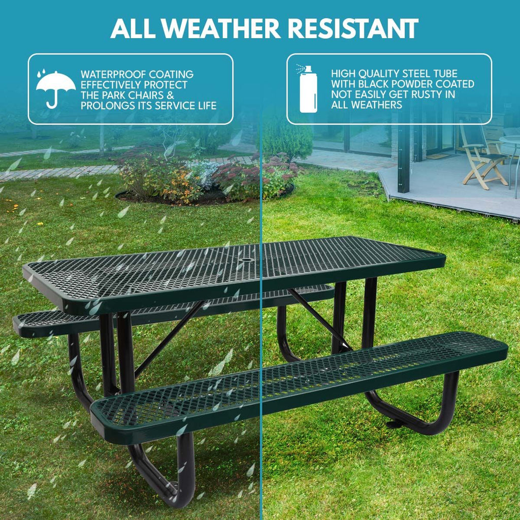 Yeah Depot - 6 ft. Rectangular Outdoor Steel Picnic Table with umbrella pole in Green