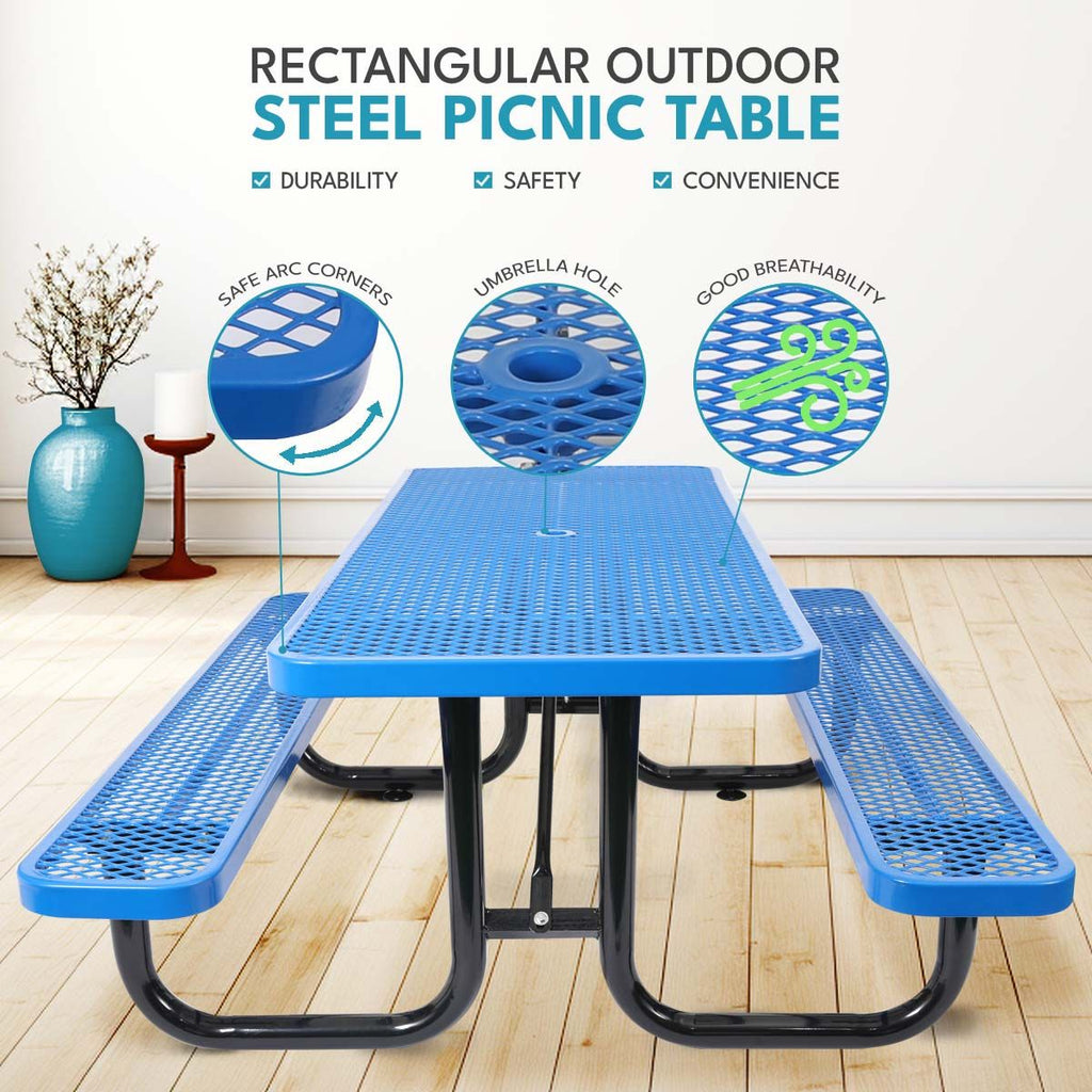 Yeah Depot - 6 ft. Rectangular Outdoor Steel Picnic Table with umbrella pole in Blue