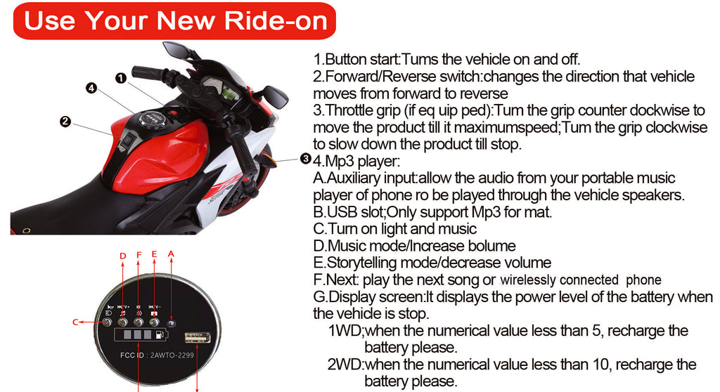 Yeah Depot - Electric motorcycle/ 12V Kids toys motorcycle/Kids electric car/electric ride on toys for 3 4 5 6 years Boys Girls with Training Wheels/manual throttle/ drive by hand/Lighting wheels