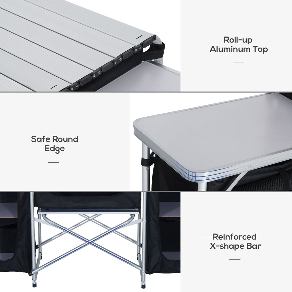 Yeah Depot - Outsunny Aluminum Portable Camping Kitchen Fold-Up Cooking Table With Windscreen and 3 Enclosed Cupboards for BBQ, Party, Picnics, Backyards