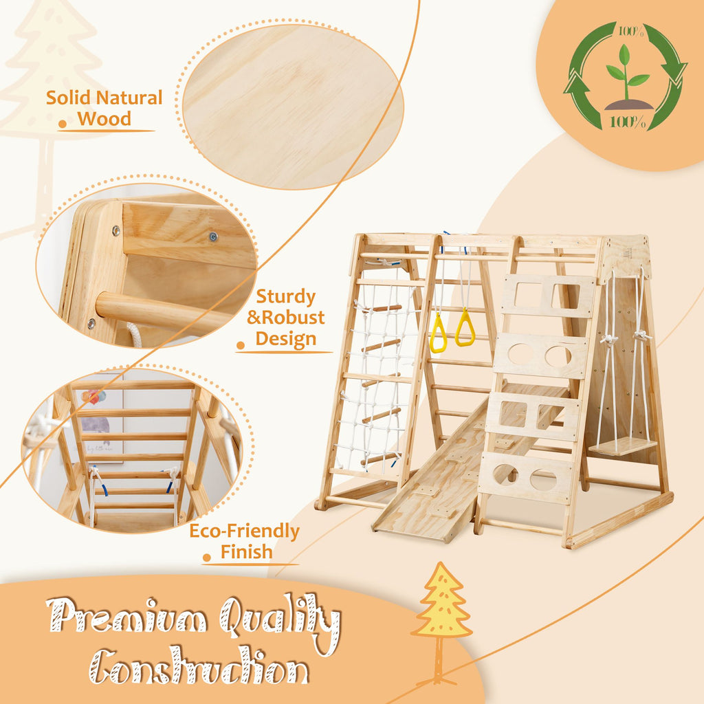 Yeah Depot - Toddler Indoor Wooden Gym 8 in 1 Indoor Playground Climbing Toy Set with Slide Swing Climbing Net Rings, Kids Indoor Playground Climbing Toys