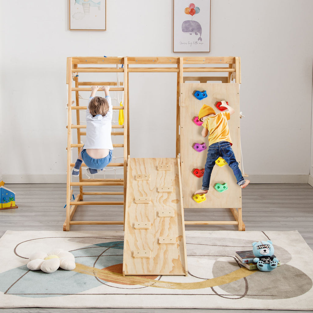 Yeah Depot - Toddler Indoor Wooden Gym 8 in 1 Indoor Playground Climbing Toy Set with Slide Swing Climbing Net Rings, Kids Indoor Playground Climbing Toys