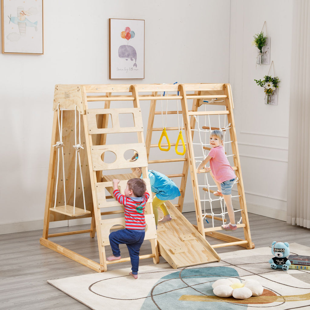 Yeah Depot - Toddler Indoor Wooden Gym 8 in 1 Indoor Playground Climbing Toy Set with Slide Swing Climbing Net Rings, Kids Indoor Playground Climbing Toys