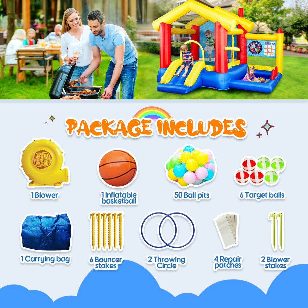Yeah Depot - 8 in 1 Inflatable Bounce House with Blower Basketball Hoop Ocean Balls Ring-toss Game Target and Sticky Ball Game for Kids