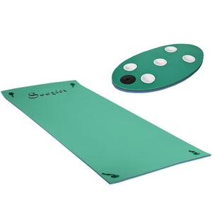 Yeah Depot - Soozier 12' x 5' Lily Pad Floating Mat with Cup Holder Table, 3-Layer Portable Roll-Up Water Mat Float Dock for 2-3 People, on Lake, River, Beach, Swimming Pool, Green