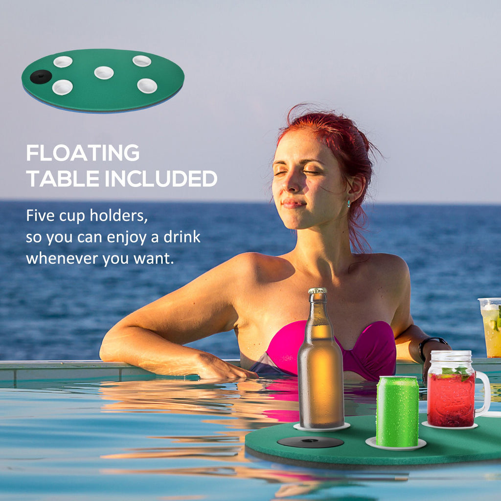 Yeah Depot - Soozier 12' x 5' Lily Pad Floating Mat with Cup Holder Table, 3-Layer Portable Roll-Up Water Mat Float Dock for 2-3 People, on Lake, River, Beach, Swimming Pool, Green