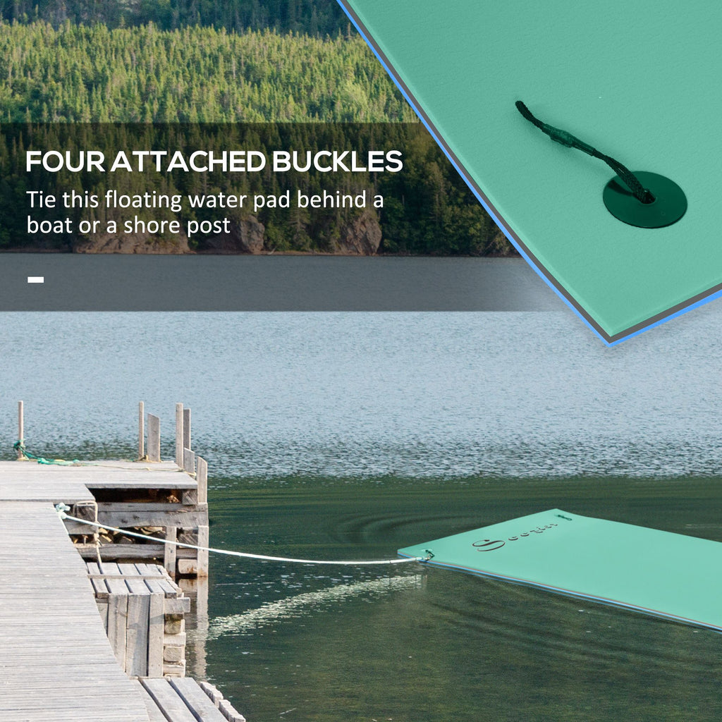 Yeah Depot - Soozier 12' x 5' Lily Pad Floating Mat with Cup Holder Table, 3-Layer Portable Roll-Up Water Mat Float Dock for 2-3 People, on Lake, River, Beach, Swimming Pool, Green
