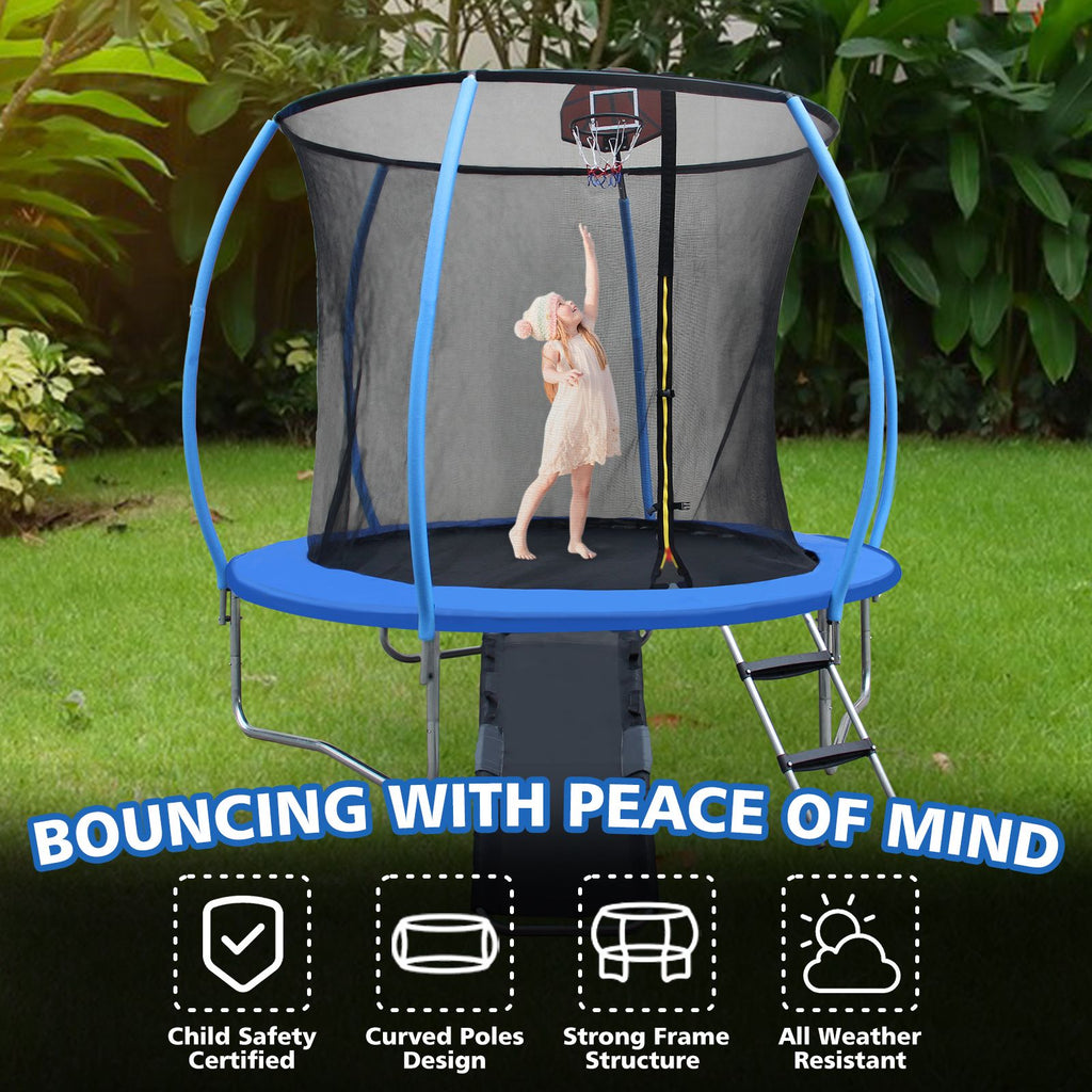 Yeah Depot - 12FT Trampoline with Enclosure - Recreational Trampolines with Ladder and Anti Rust Coating, Pumpkin-shaped Trampoline with Slide and Basket Board, ASTM Approval Outdoor Trampoline for Kids