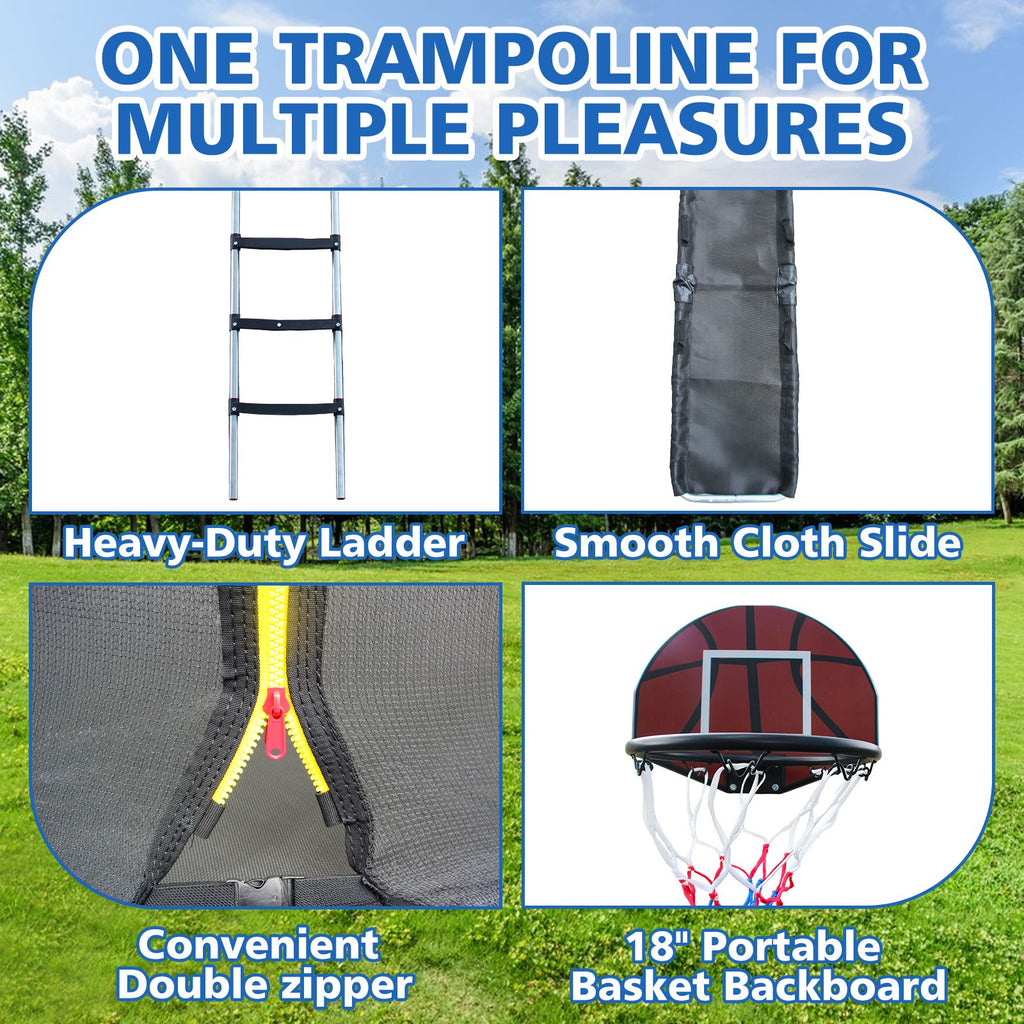 Yeah Depot - 8FT Trampoline with Enclosure - Recreational Trampolines with Ladder and Anti Rust Coating, Pumpkin-shaped Trampoline with Slide and Basket Board, ASTM Approval Outdoor Trampoline for Kids
