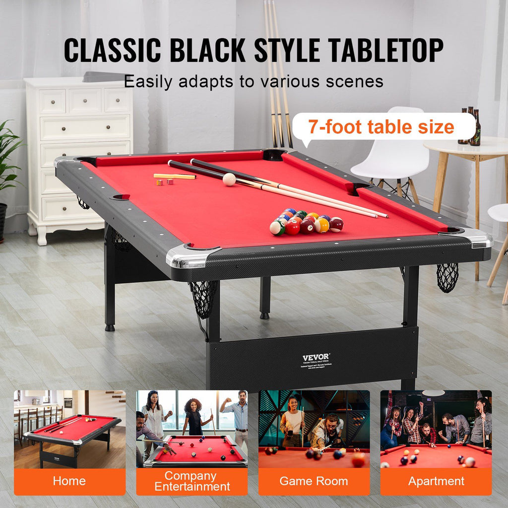 VEVOR Billiards Table, 7 ft Pool Table, Portable Foldable Space-Saving Table, Billiard Table Set Includes Balls, Cues, Chalks and Brush, Black with Red Cloth, Perfect for Family Game Room Kids Adults