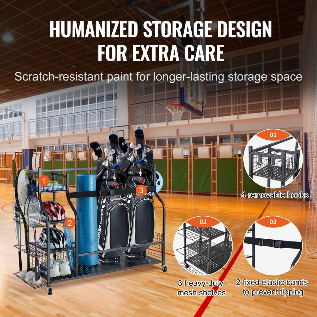 VEVOR Golf Storage Garage Organizer, 3 Golf Bag Stand Holder and Other Sports Equipment Storage Rack, Rolling Ball Cart on Wheels, Outdoor Sport Gear and Toy Storage with Baskets & Hooks, Steel, Black